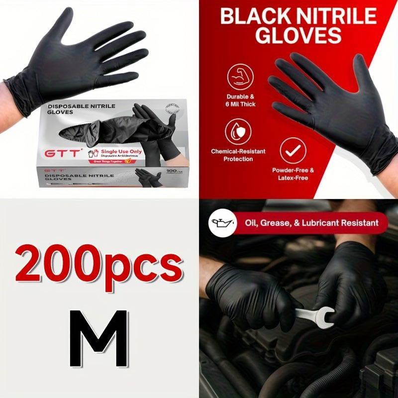 [200 Count Nitrile Gloves] 200 Count Black Nitrile Disposable Gloves | 6 Mil Thickness, Flexible & Form-Fitting, Chemical Protection, Industrial Grade Latex-Free, Maintenance Team Use