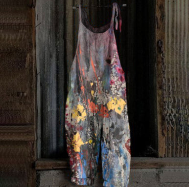Women's Printed Street Hipster Fashion Multi-color Cotton And Linen Suspender Jumpsuit