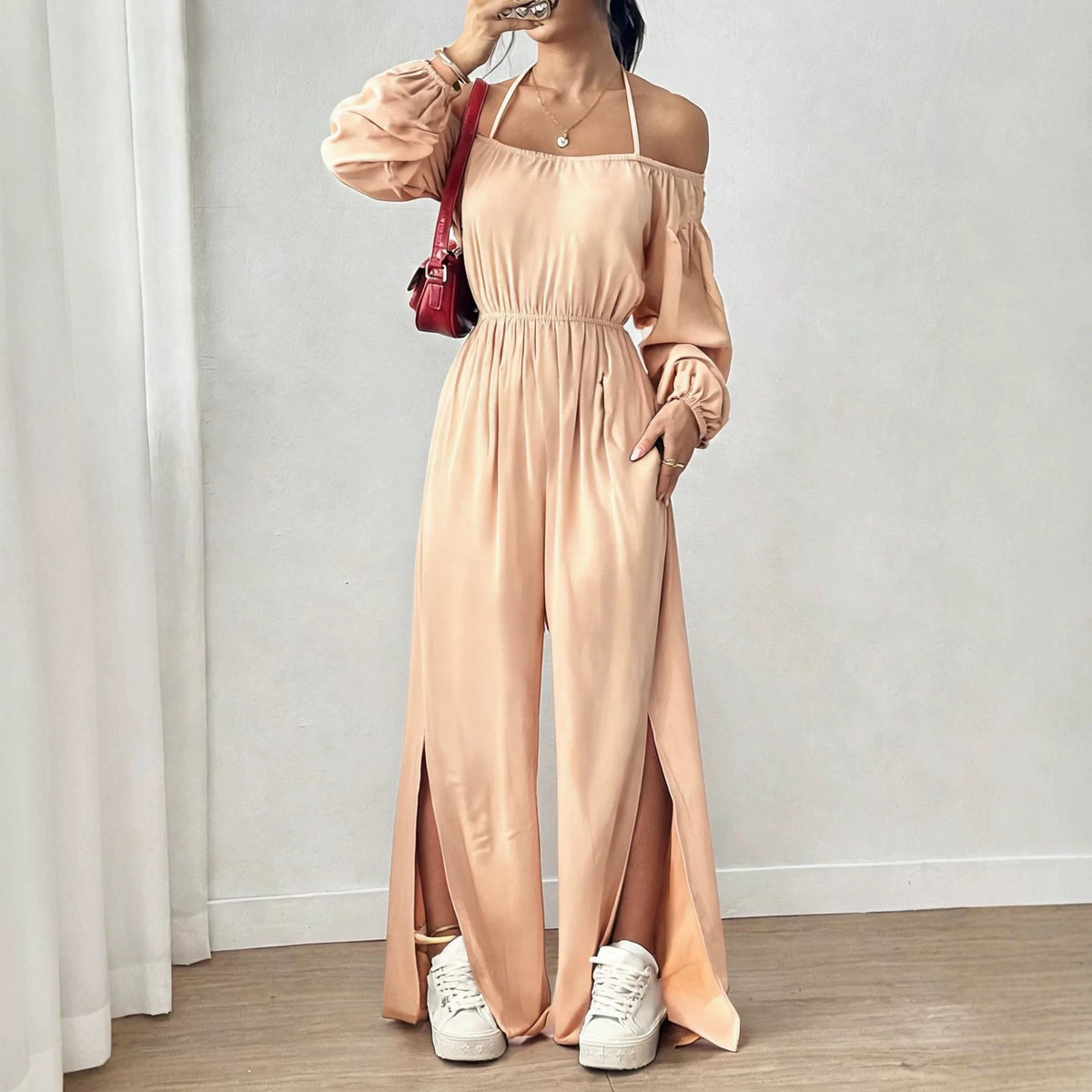 Women's Casual Strapless Slit Wide-Leg Jumpsuit