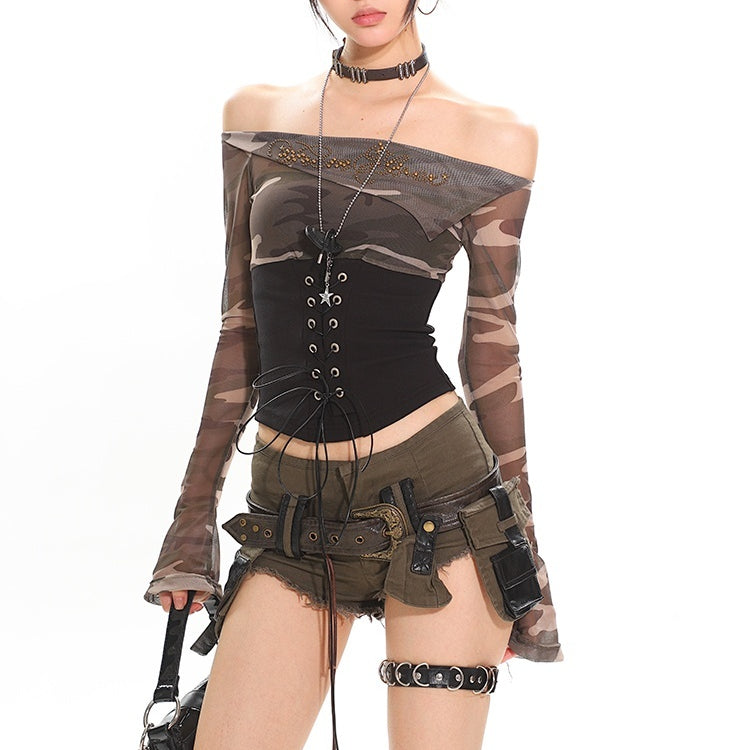Edgy Mesh Lace-Up Long Sleeve Waist-Trimming Top