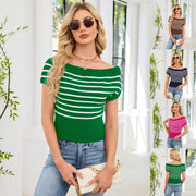 Off-Shoulder Striped Knit Top – Short Sleeve, Flirty & Cozy