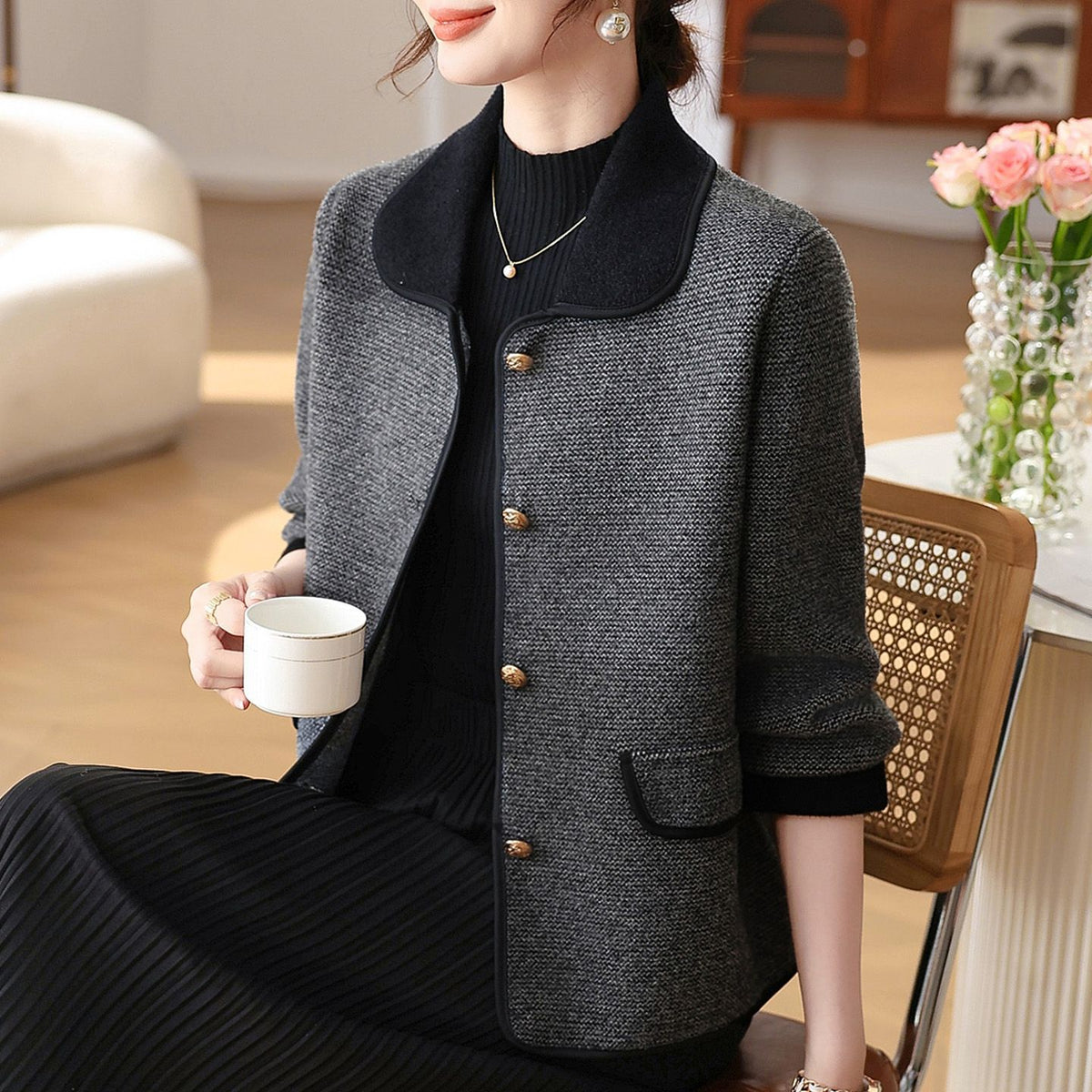 Polo-collar Denim-panel Knitted Mock Two-piece Sweater