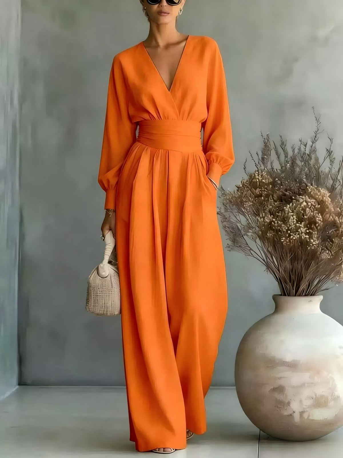 Fitted-waist V-neck Long-sleeve Womens Solid-color Jumpsuit