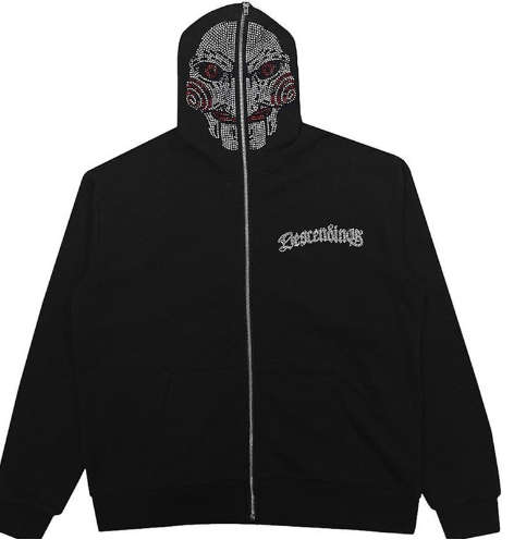 Unisex Printed Rhinestone Zip-Up Hooded Cardigan