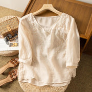 Artistic Retro Cotton Pullover with Extra‑Long Three‑Quarter Sleeves