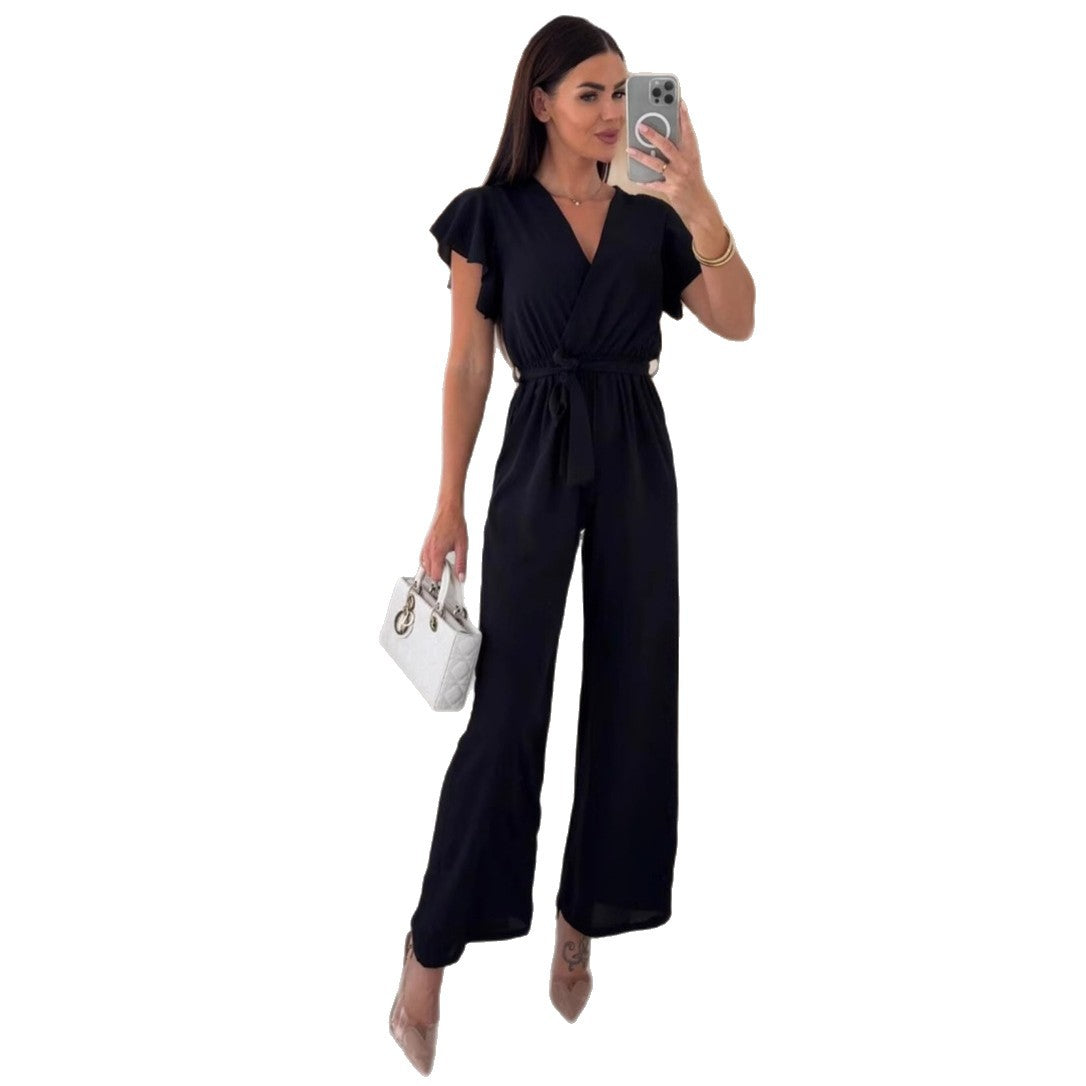 Chic V-Neck Lace-Up Waist Straight-Leg Jumpsuit