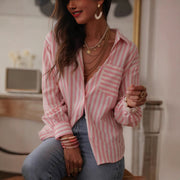 Striped Printed Shirt Cotton-Linen Texture Shirt Womens