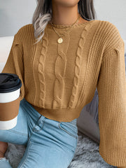 Women Casual Cable Knit Lantern Sleeve Cinched Sweater