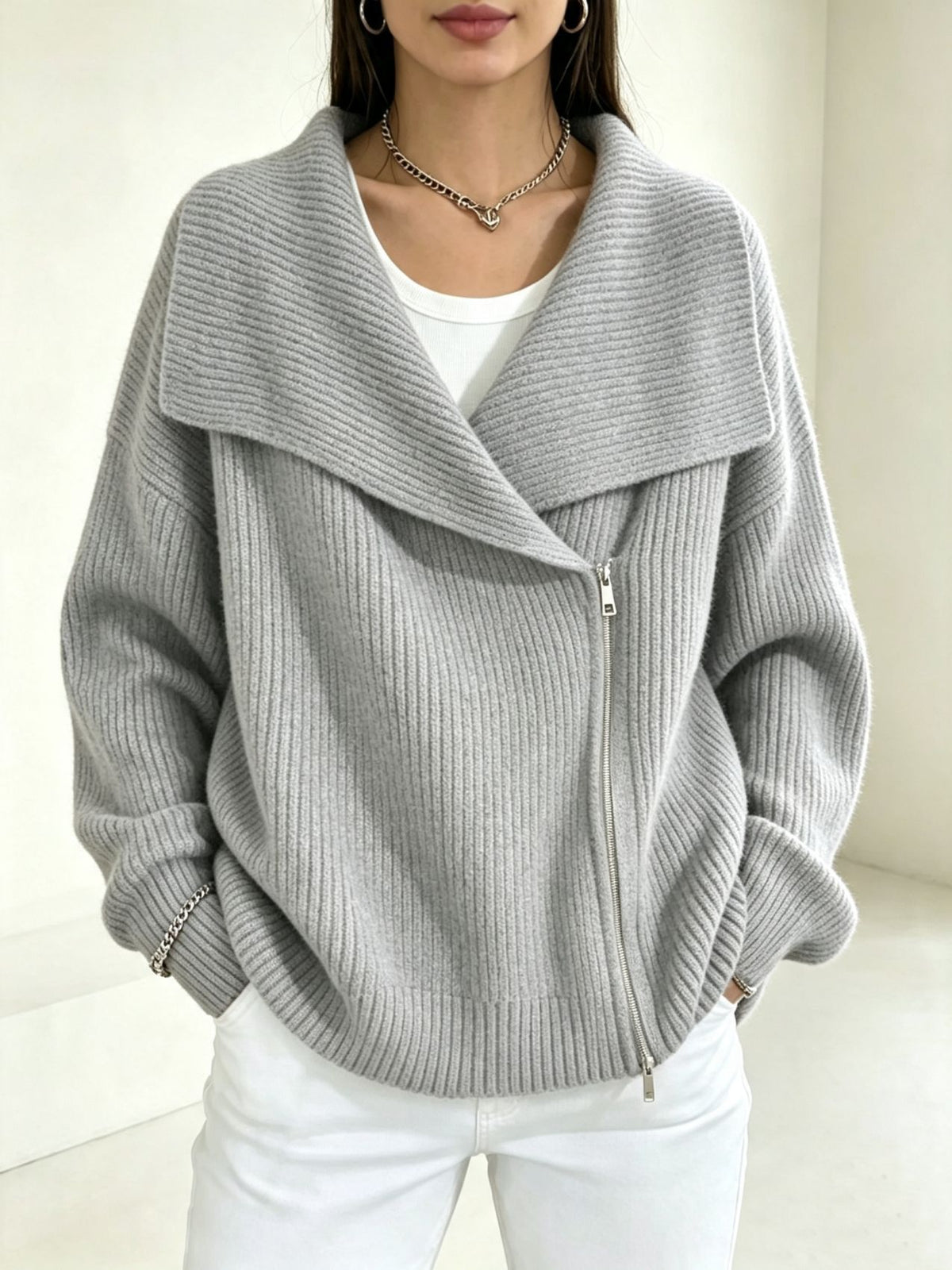 Notch-collar Double-zip Knit Cardigan Womens Top