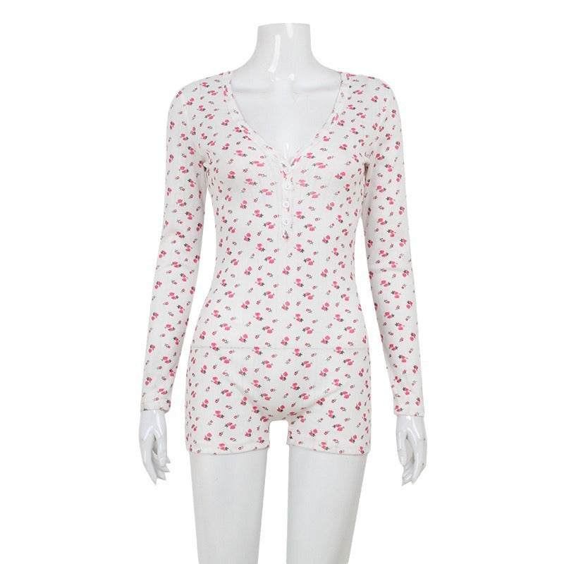 Floral Print Long-Sleeve Casual Jumpsuit