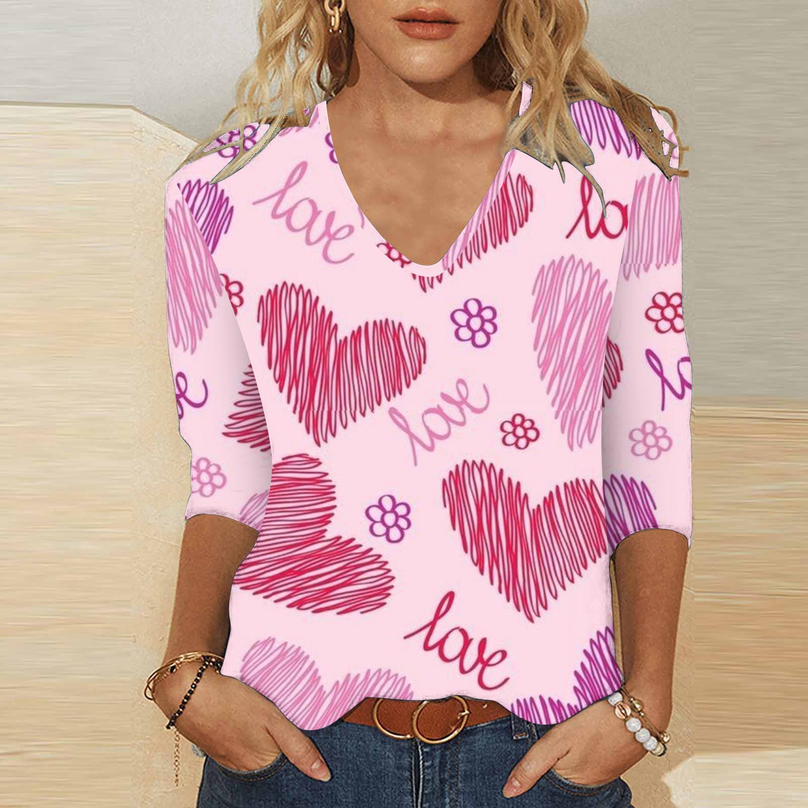 Cute Valentine's Heart V-Neck 3/4 Sleeve Casual T-Shirt