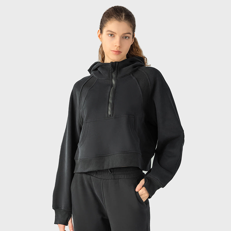 Autumn And Winter Hoodie Half Zipper Sweater Women's Short Casual Loose All-Match Sports Top