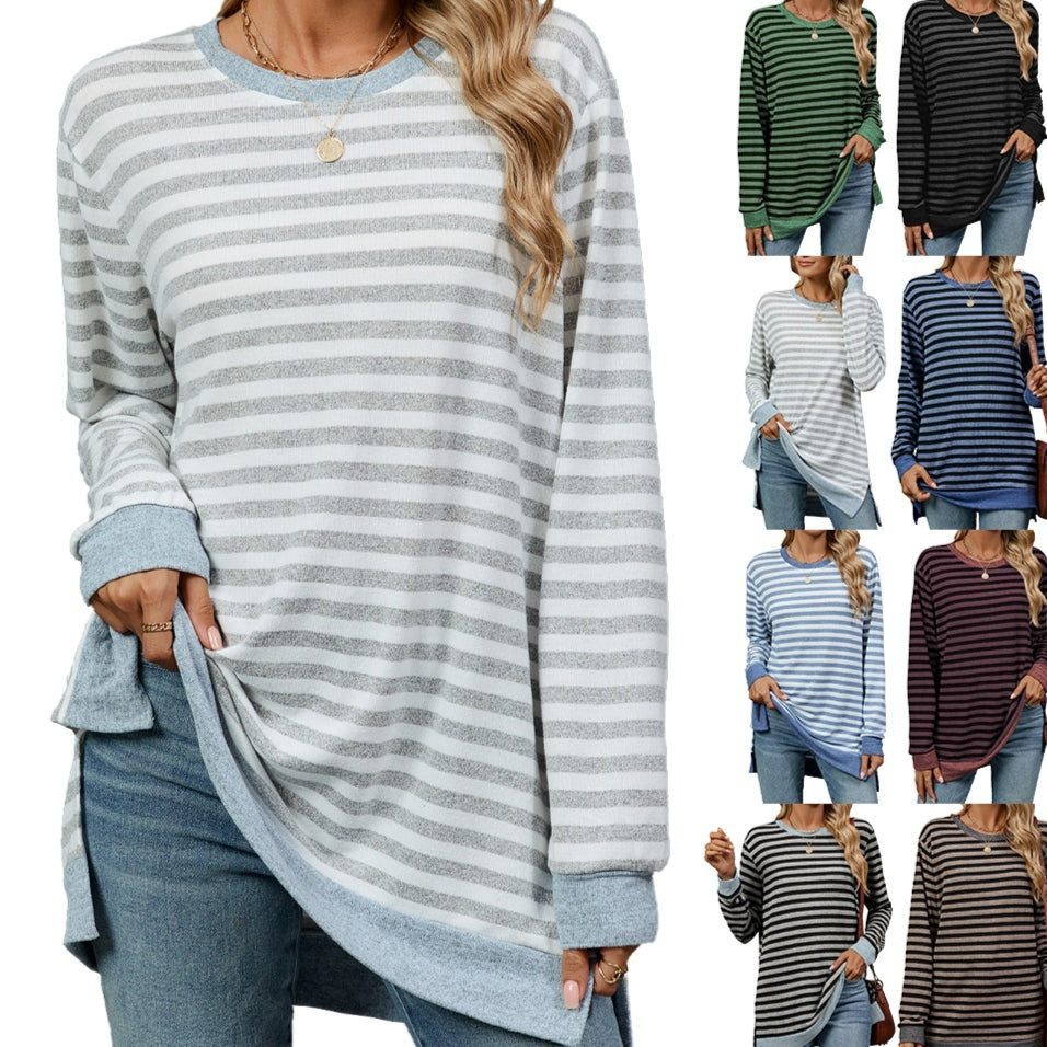 Women's Striped Color-Block Long Sleeve Crew Neck Top