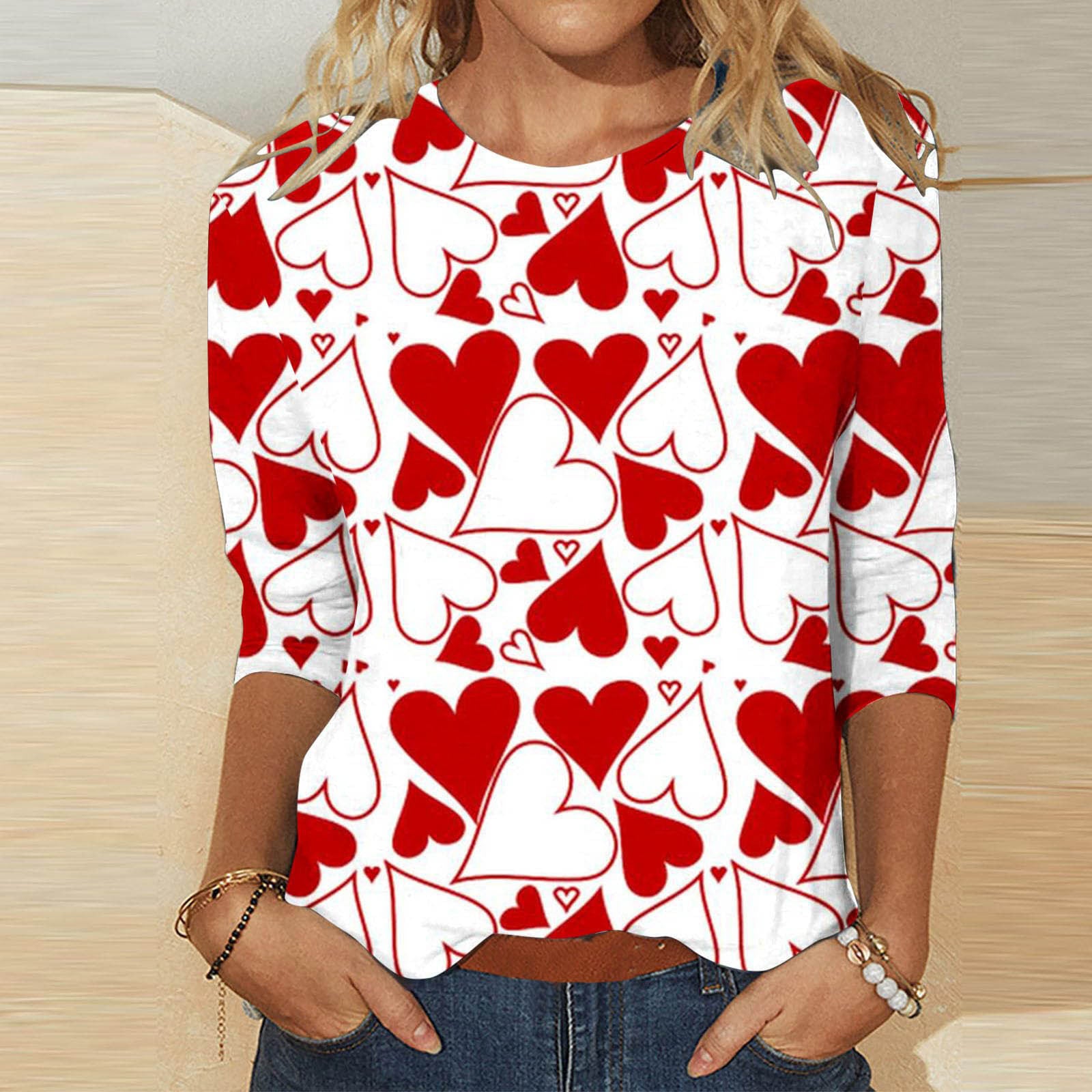 Valentine's Heart Print Casual Crew Neck T-Shirt