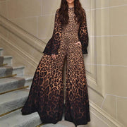 Womens Leopard-Print Crew-Neck Long-Sleeve Flare-Sleeve Jumpsuit