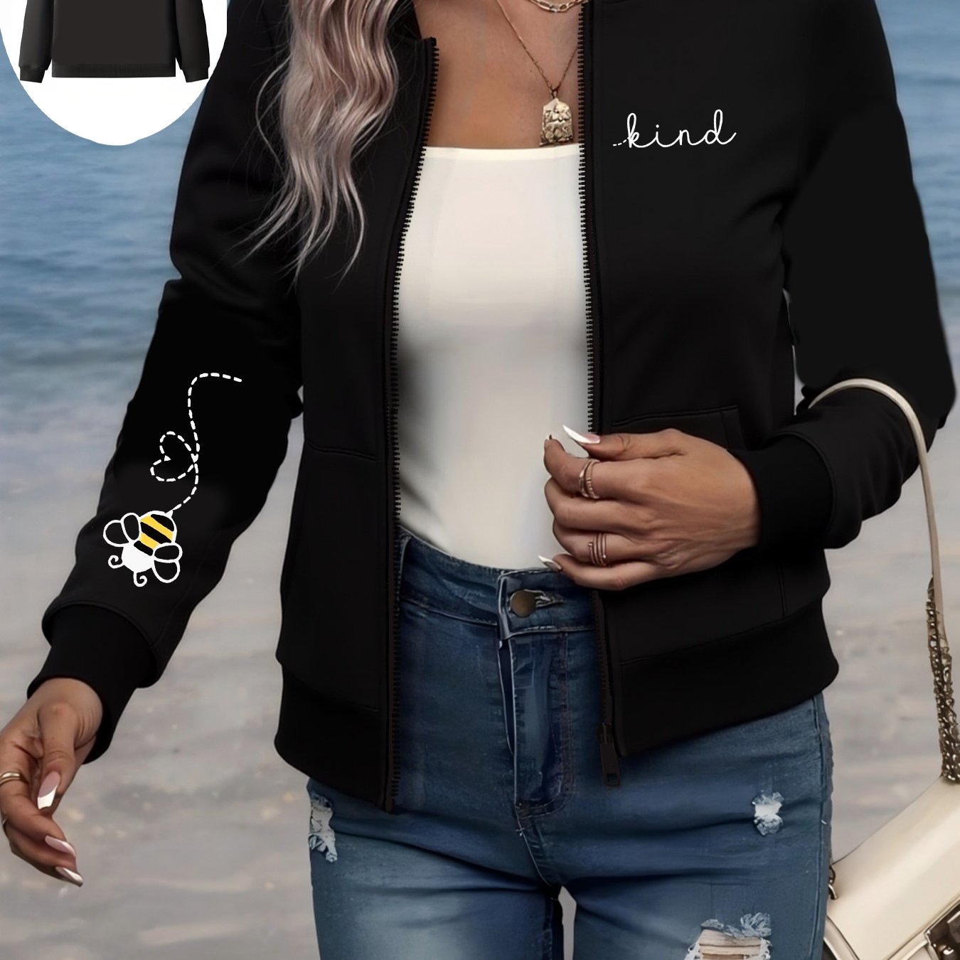 Women's Printed Long-Sleeve Zip-Up Jacket with Baseball Collar