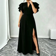 Lotus-leaf Sleeve V-neck Defined Waist Slit Chic Dress