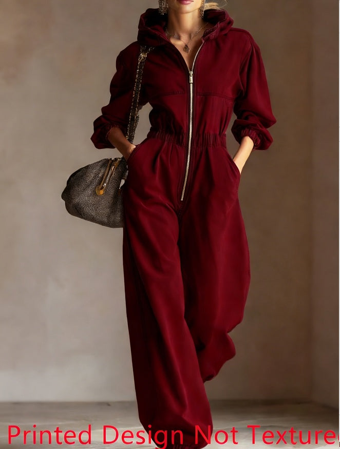 Vintage Plaid Hooded Waist-cinched Jumpsuit, Casual Loose Long-sleeved Jumpsuit