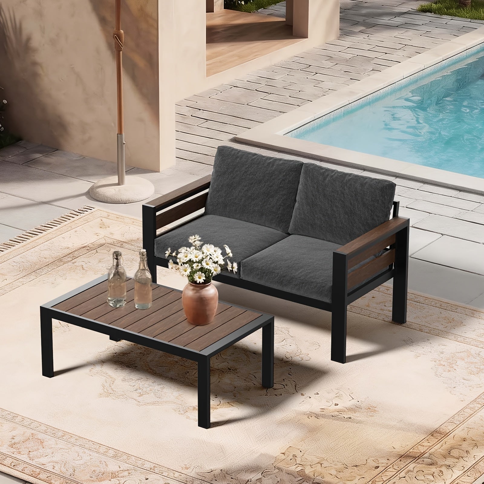 Aluminum Patio Furniture Set, Modular Patio Conversation Set with Widened Armrests And Thickened Cushions, Metal Outdoor Furniture Set for Porch, Balcony, Deck, Yard