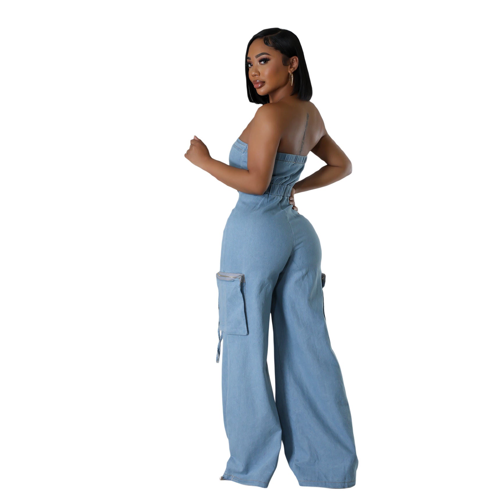 Women's Casual Off-Shoulder Slim-Fit Denim Jumpsuit Overalls