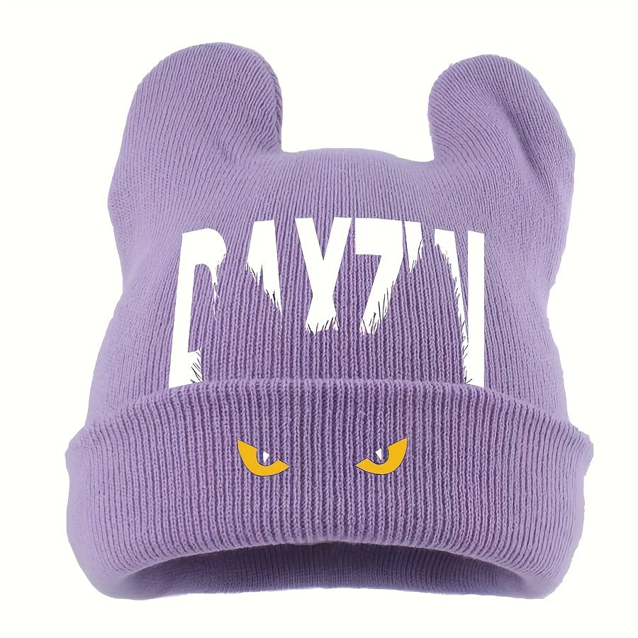 Unisex Warm Windproof Brimless Hat with Monster Eye Print and Bunny Ears, Cold-Weather Outdoor