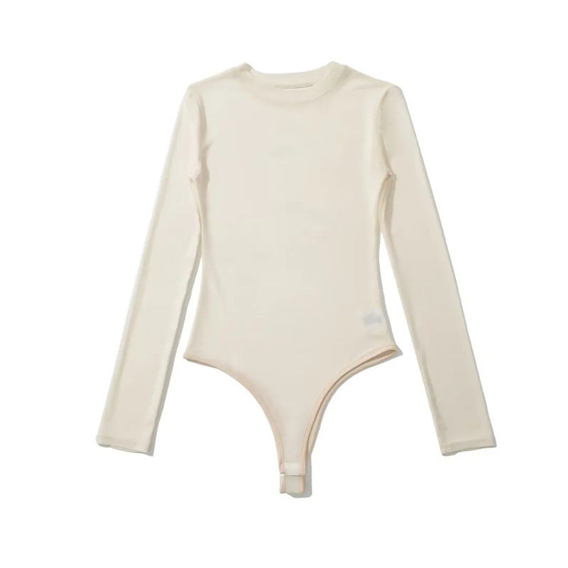 Sheer Mesh Long Sleeve Round Neck Jumpsuit