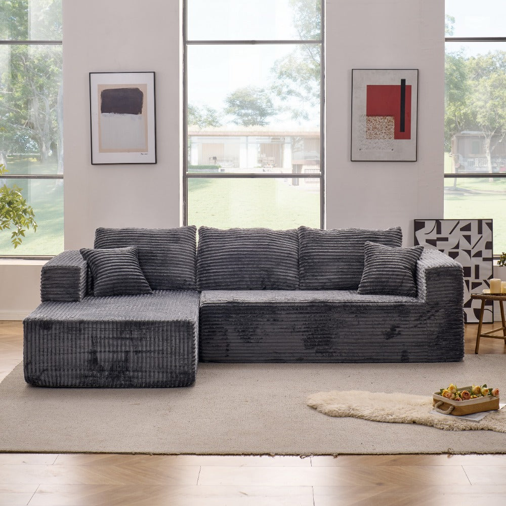 Modular L-shaped chaise longue sofa bed with deep seat and corduroy upholstery