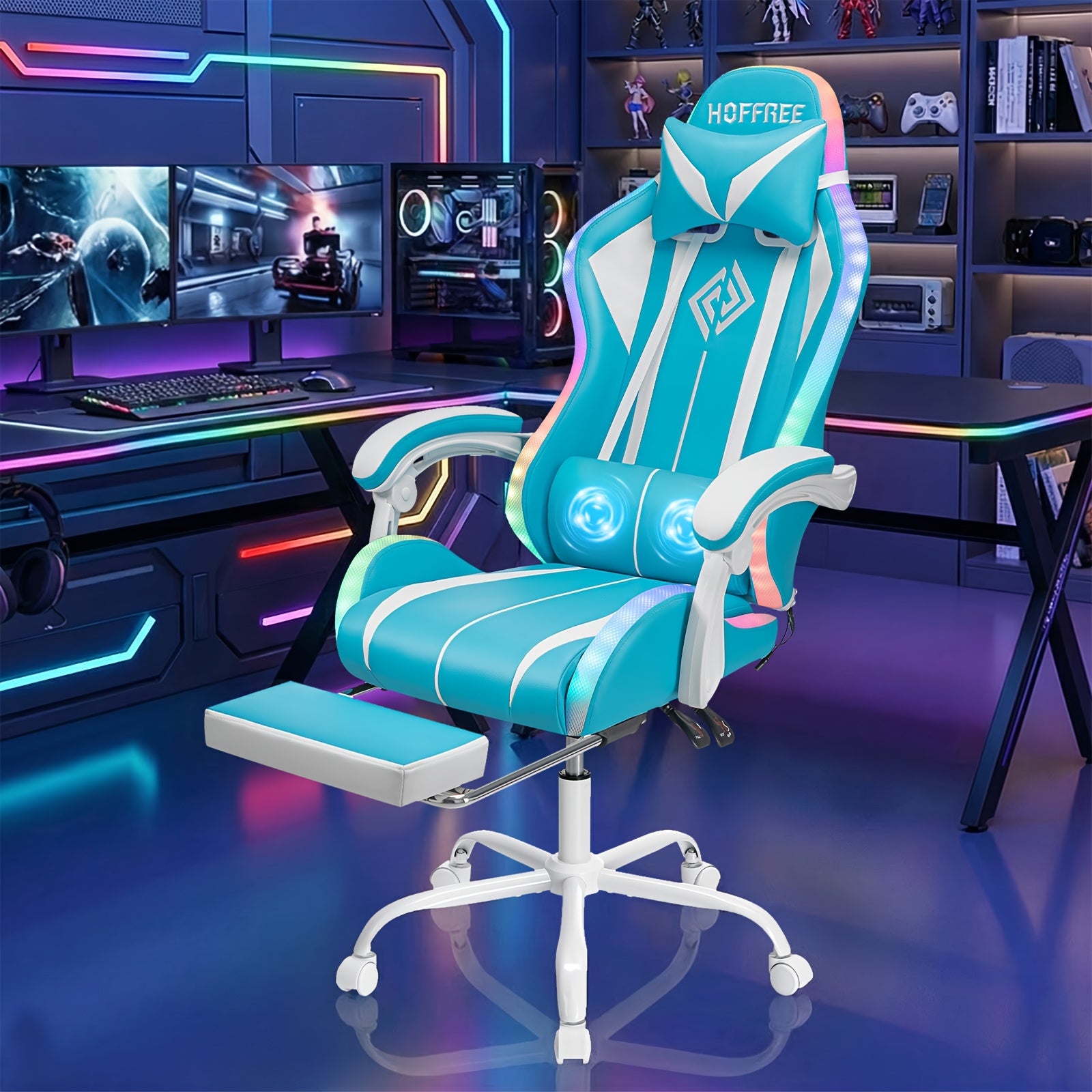 RGB Gaming Chair with LED Lights, Massage, High Back, Footrest, Adjustable Lumbar Support and Armrests