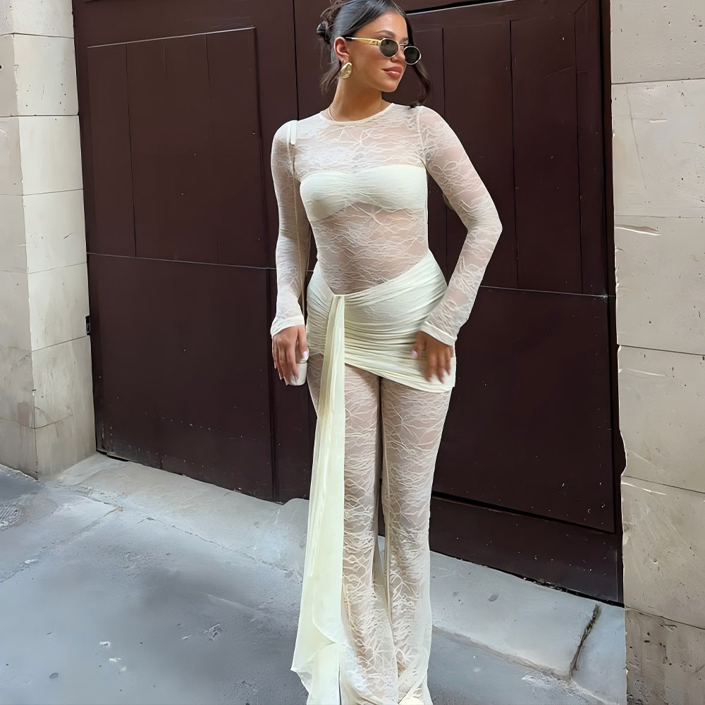 Sheer Lace Ribbon Slim Fit Jumpsuit