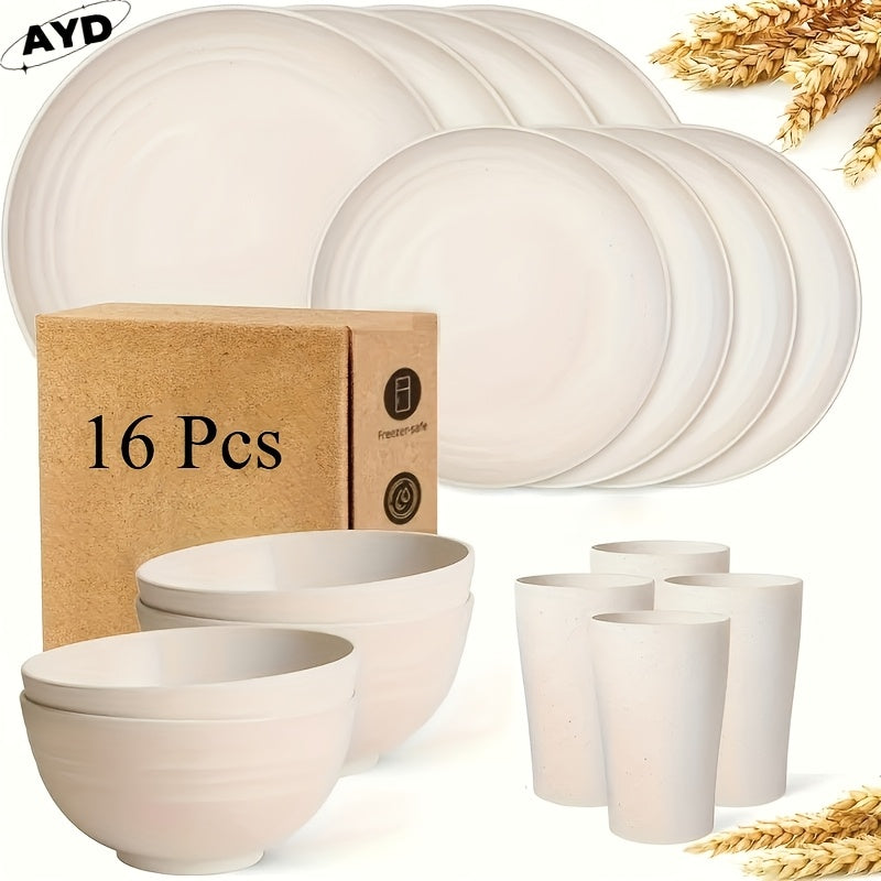 32/16pcs Unbreakable Wheat Straw Dinnerware Set