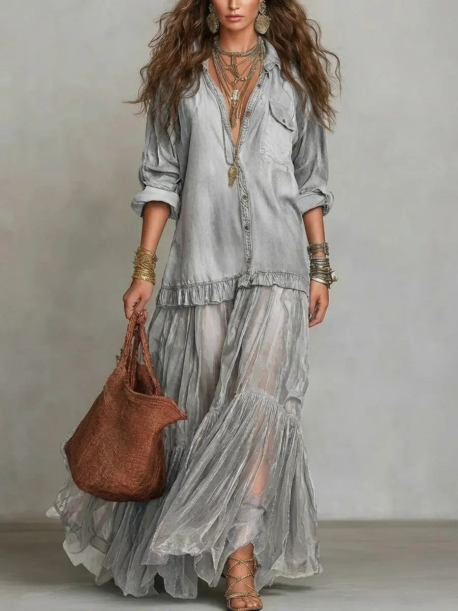 Retro Collar Long Dress with Casual Pockets