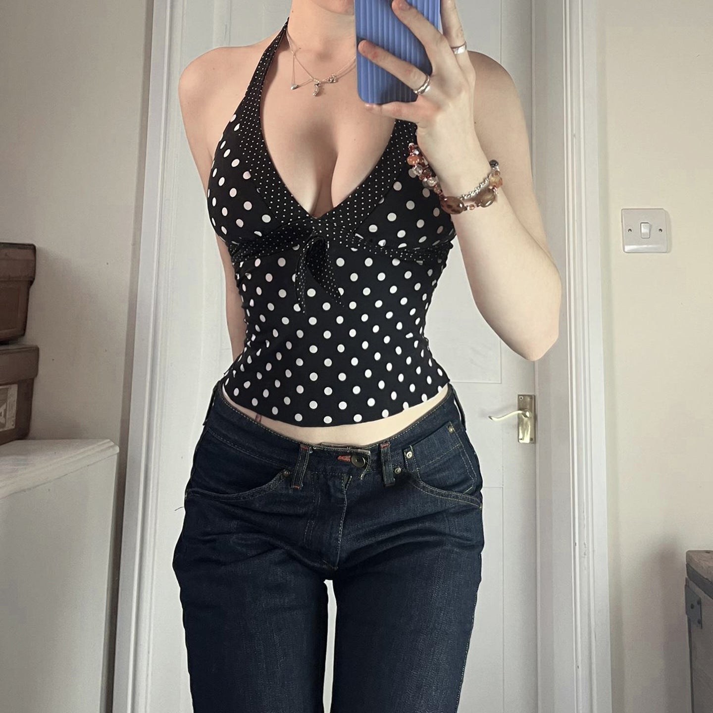 Polka-Dot V-Neck Halter Vest – Slim Fit, Stretchy Black Top