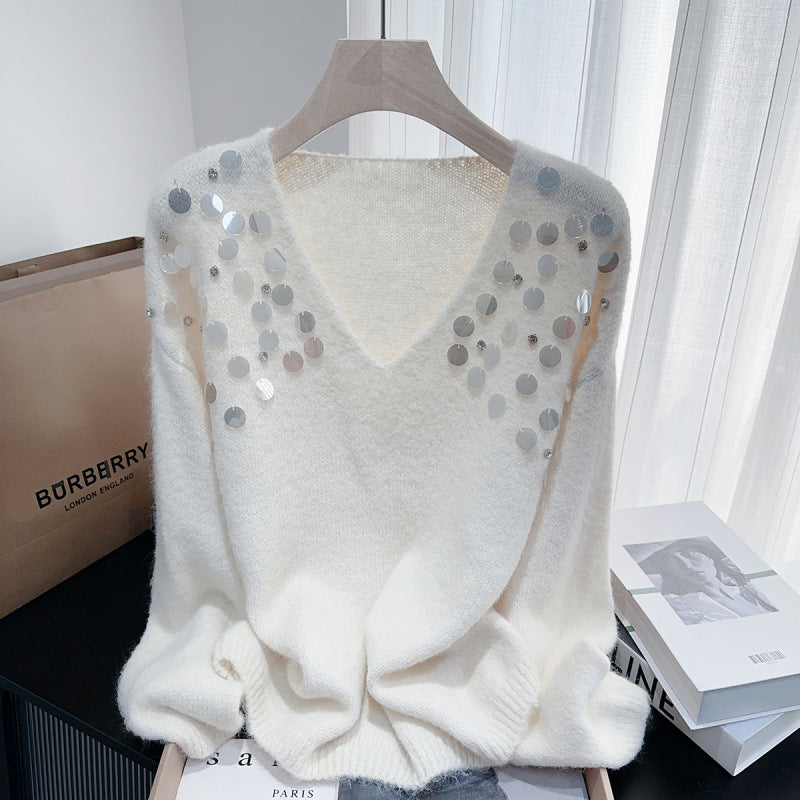 Heavy Embroidery Sequins Diamond V Neck Pullover Lazy Sweater