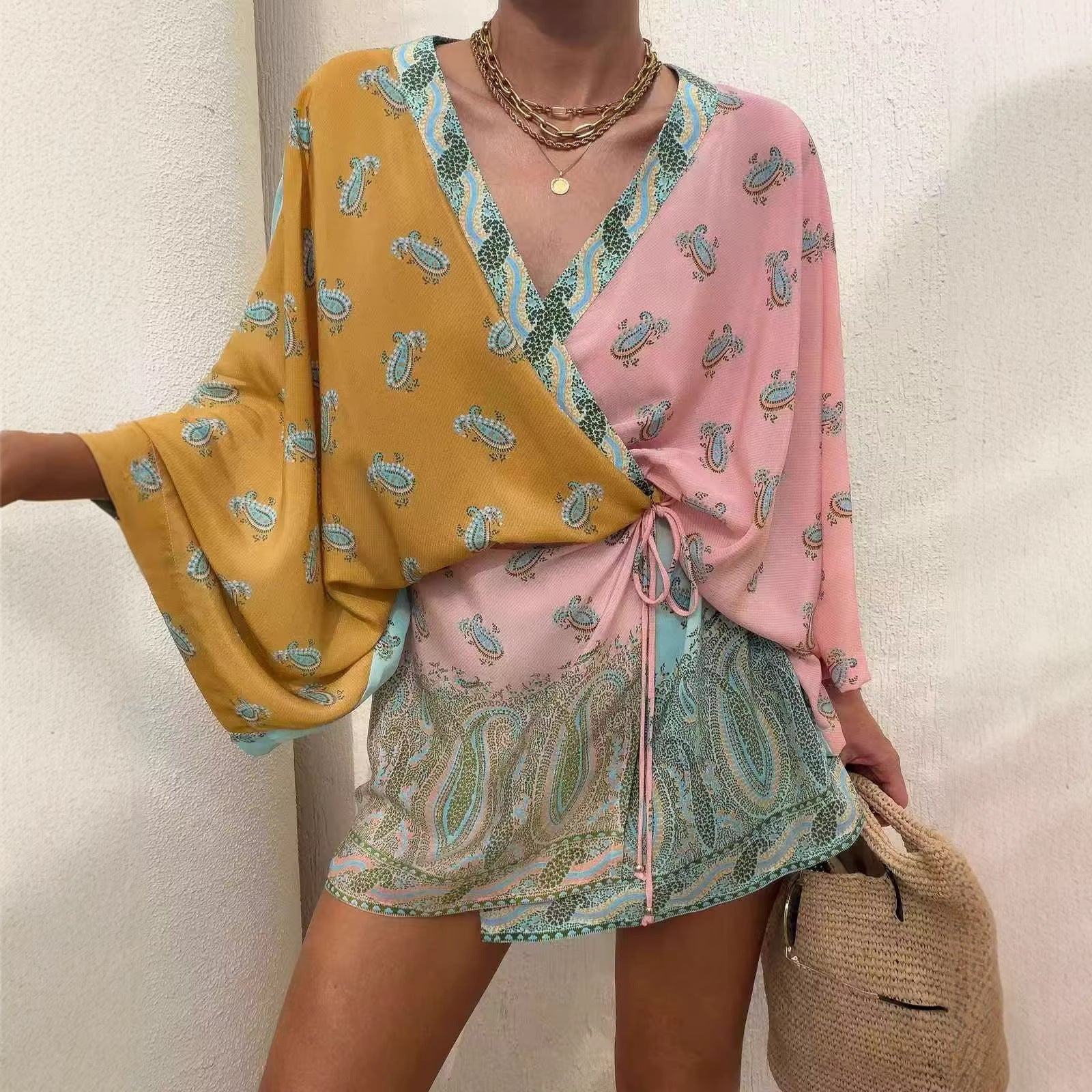 Boho Charm Charmeuse Mini Dress – Floral Print, Loose Fit