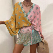 Boho Charm Charmeuse Mini Dress – Floral Print, Loose Fit