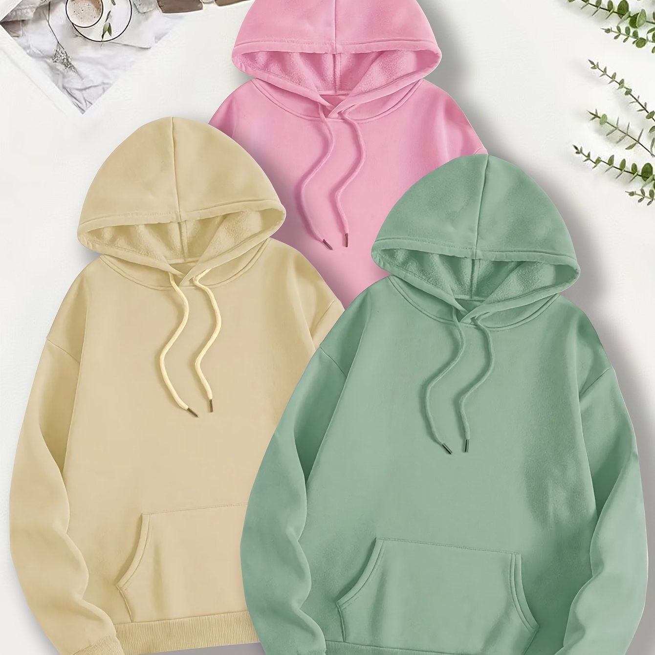 Three-Piece Oversized Solid Color Hooded Sweatshirt Set with Long Sleeves