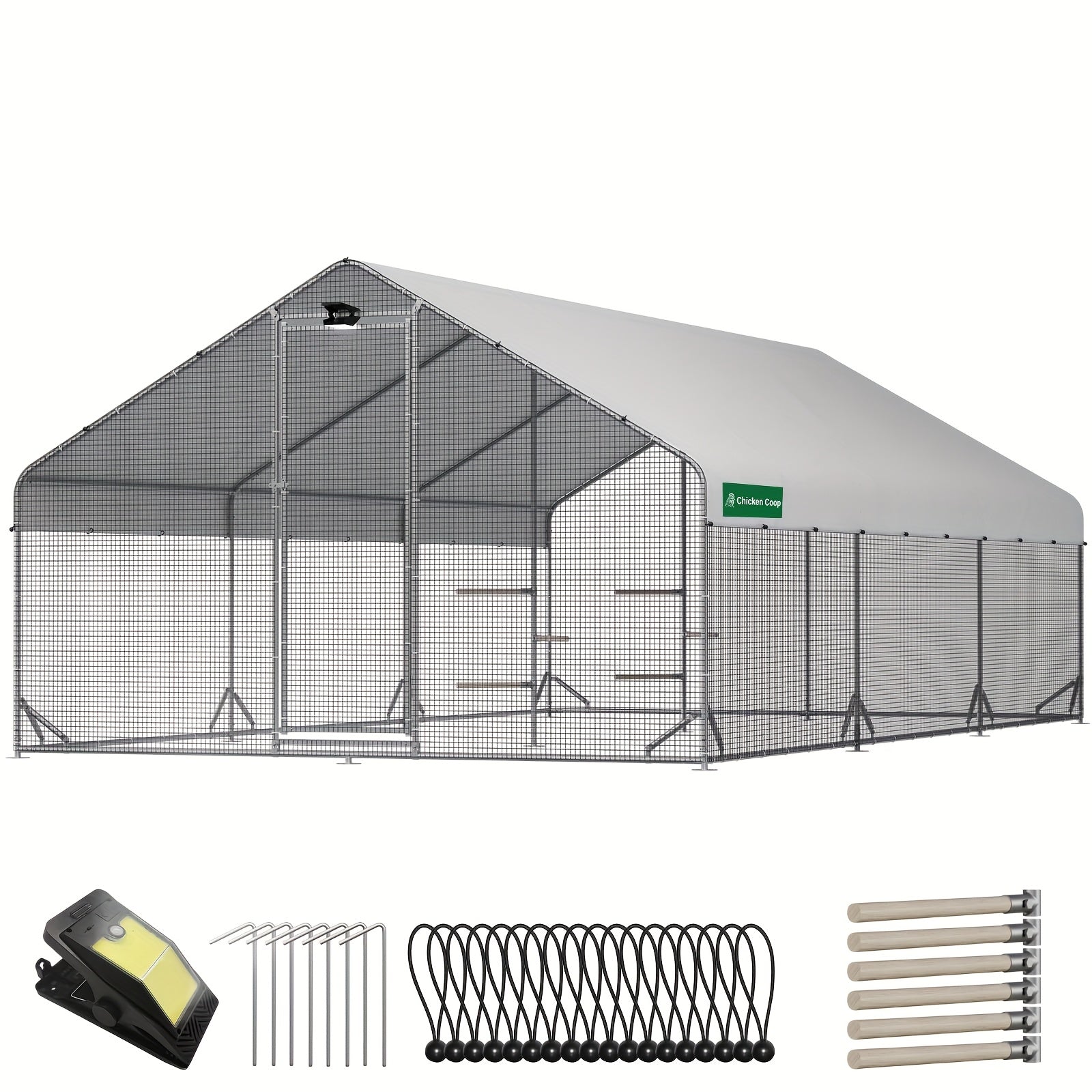 Large Walk-In Metal Chicken Coop with Attached Run, Hardware Cloth, Solar Light and UV-Resistant Cover