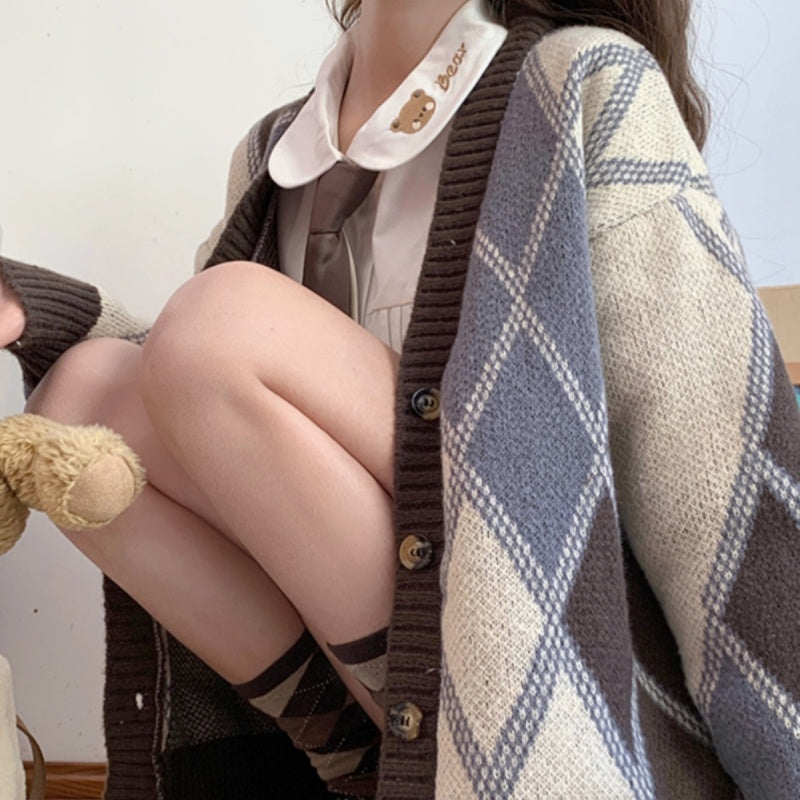 Diamond Lattice V-neck Knitted Cardigan Sweater Coat for Women Autumn and Winter