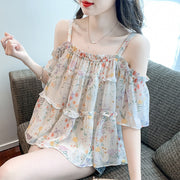 Off-Shoulder Floral Chiffon Top – Elegant One-Shoulder Strappy Blouse