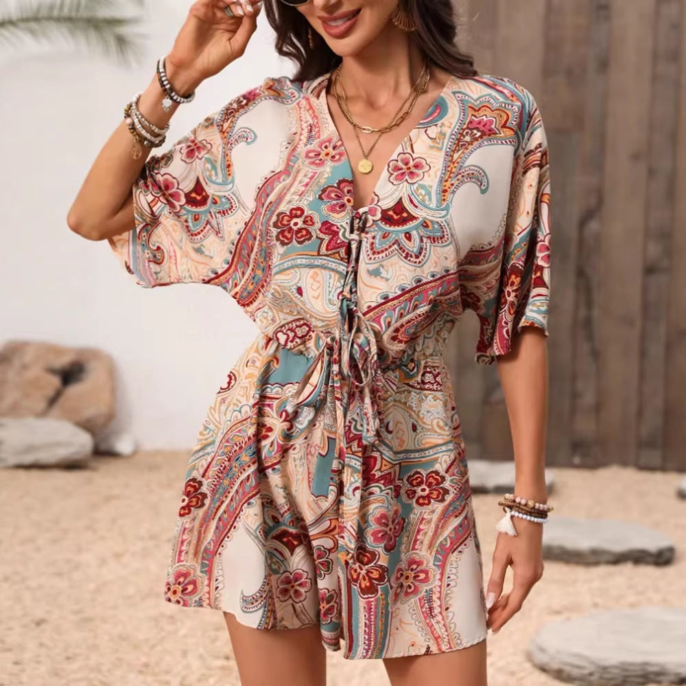 Ethnic Print Summer One-Piece Romper with Open Back