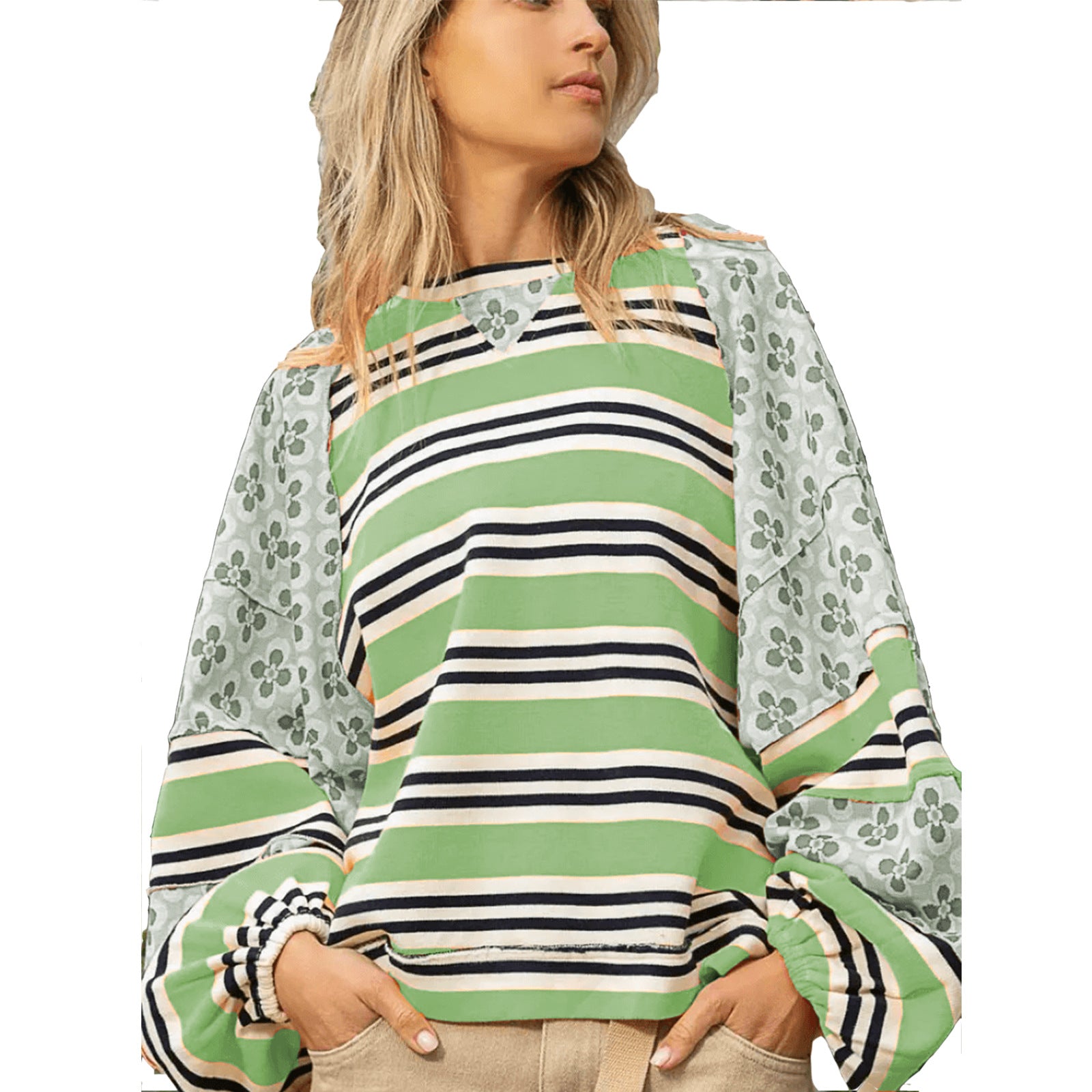 Women's Color Block Print Loose Long Sleeve Pullover Top