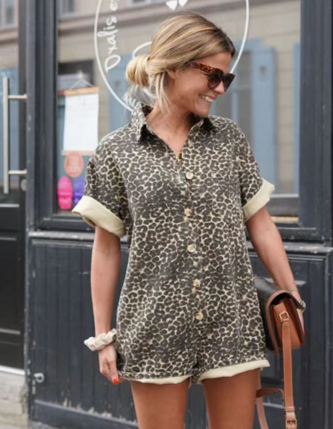 Women's Vacation Printed Lapel One-Piece Shorts Romper