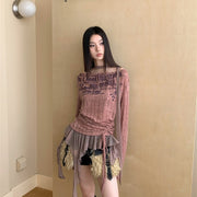Patchwork Ruffled English Graffiti Swing Collar Hollow Print Knitted Shirt Top For Women