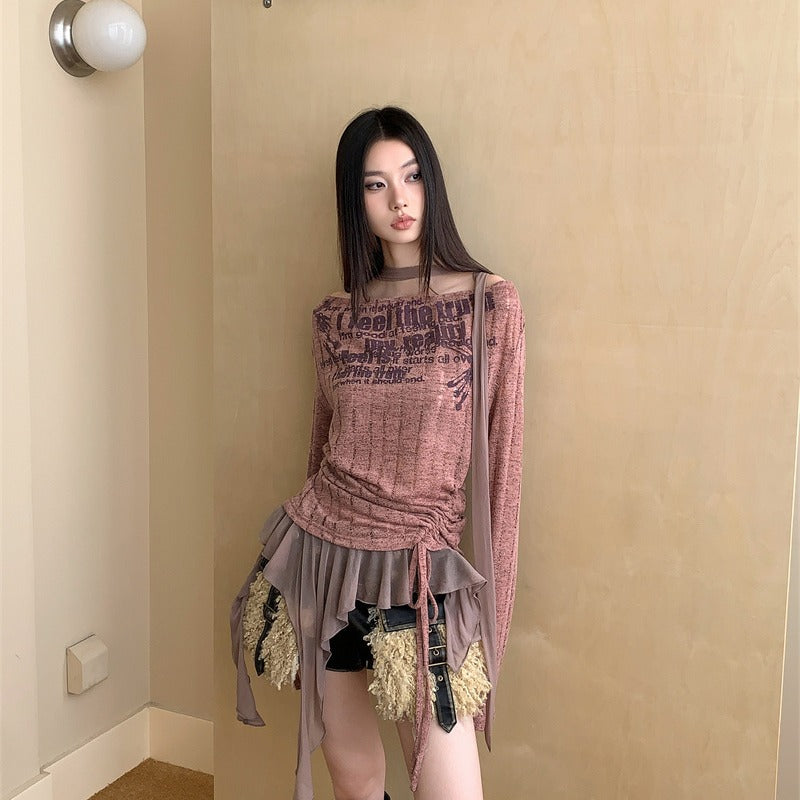 Patchwork Ruffled English Graffiti Swing Collar Hollow Print Knitted Shirt Top For Women