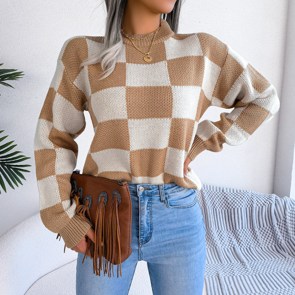 Street Style Color Block Plaid Long Sleeve Pullover Knit Sweater