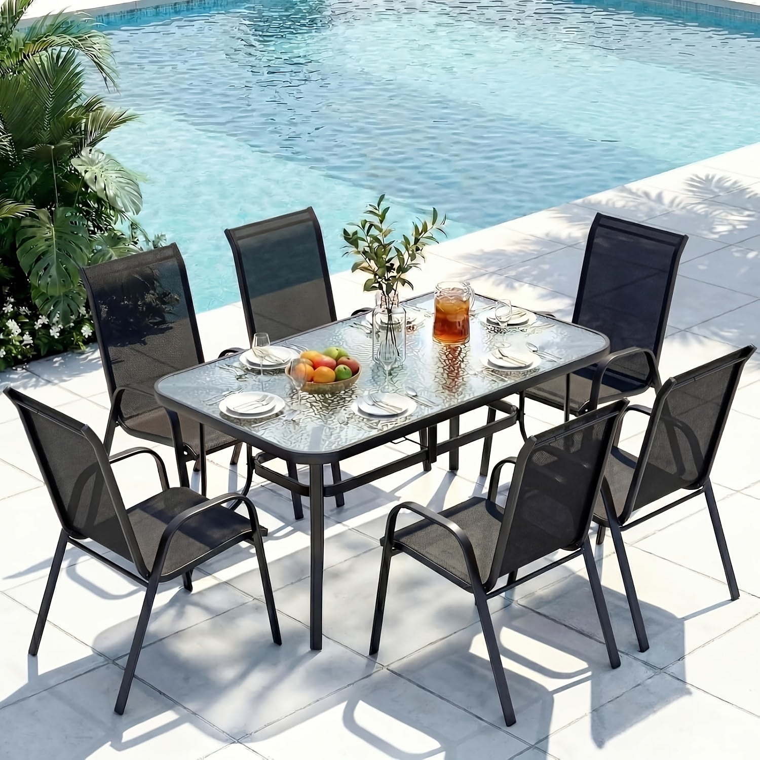 [All Weather Patio Set] Patio Dining Set for 6, Outdoor Table And Chairs W/ 1.69" Umbrella Hole, 30" X 55" Table And Stackable Textilene Chair, All Weather Patio Furniture Set (Umbrella Not Included)