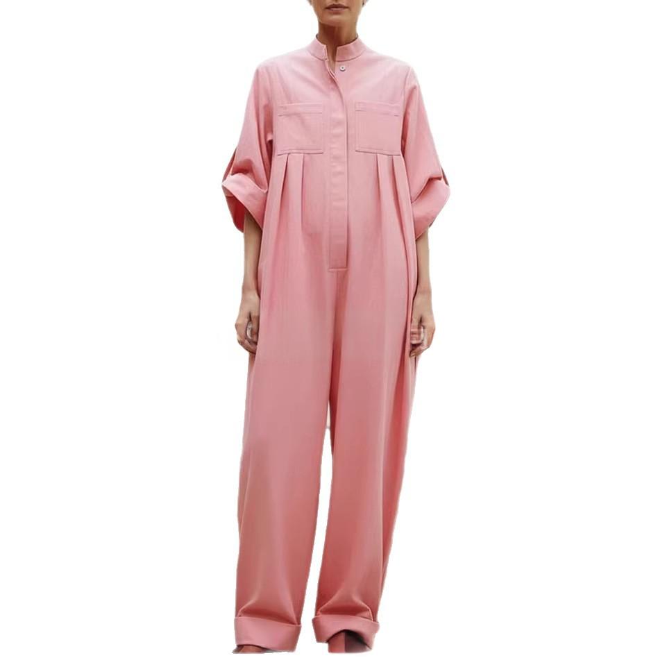 Solid-color Minimalist Pleated Loose-fitting Jumpsuit