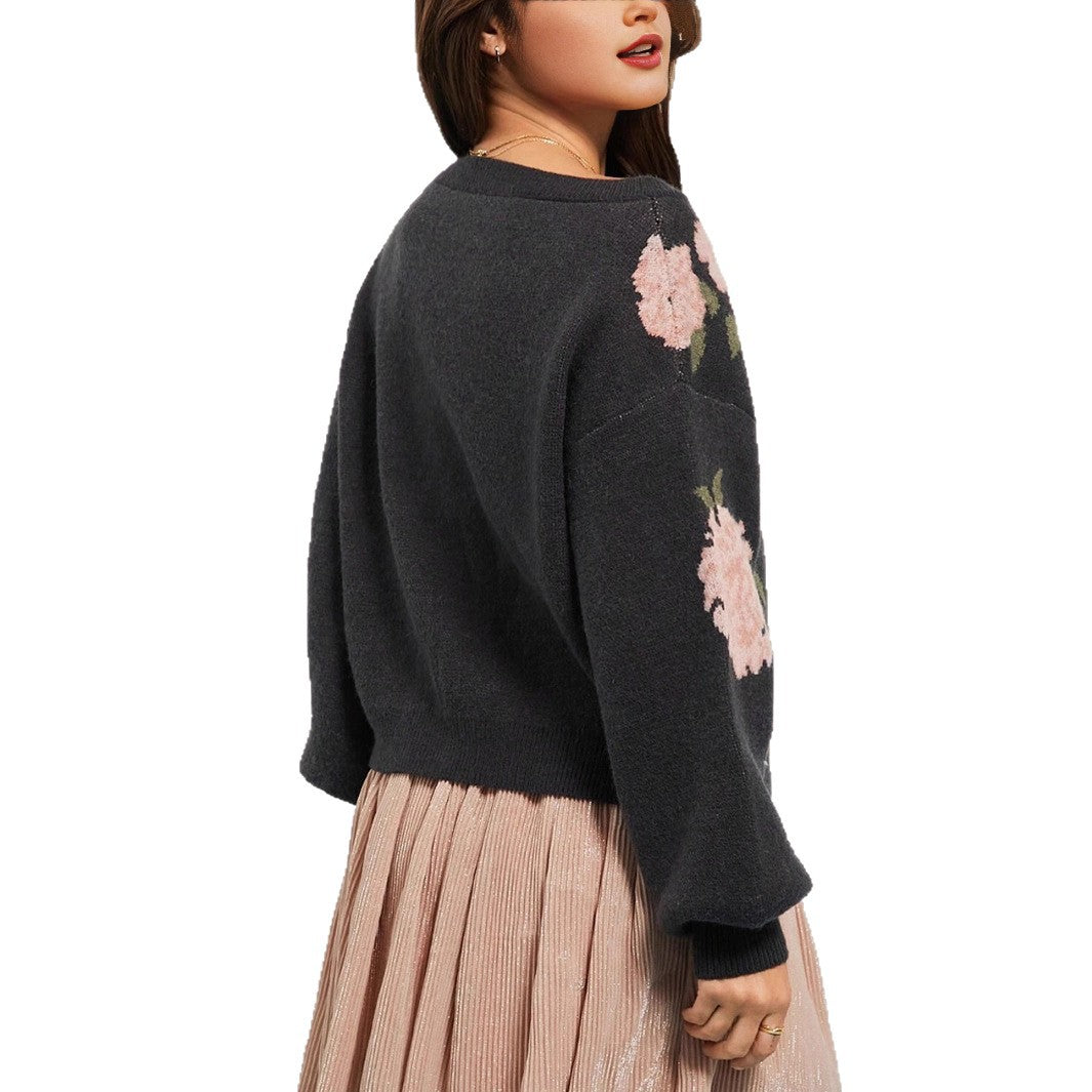 Women's Casual Loose Off Shoulder Flower Jacquard Pullover Sweater