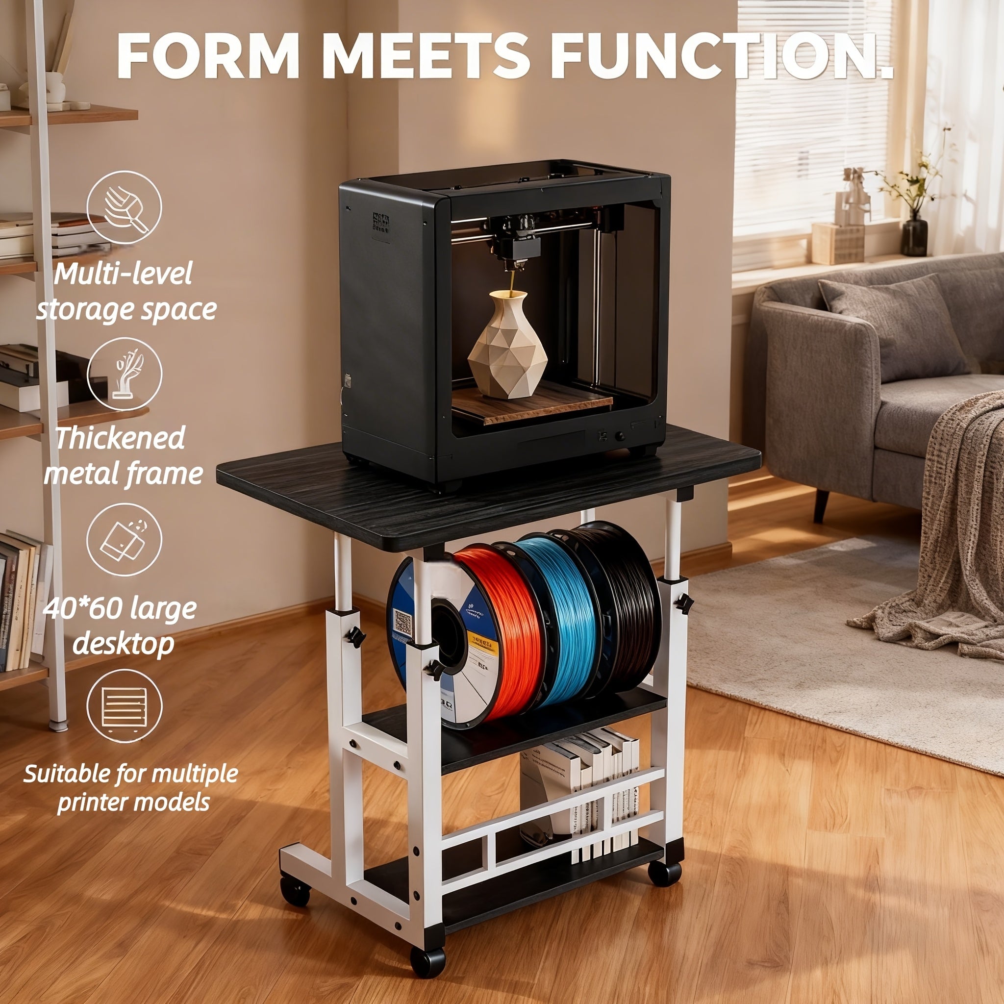 Heavy‑Duty 3D Printer Workbench with Metal Frame, Storage Rack, Large Work Surface and Locking Wheels