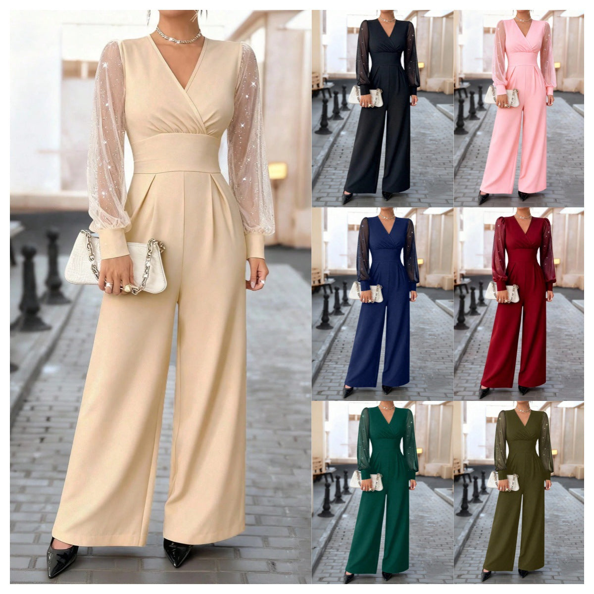 V Neck Defined Waist Sexy Mesh Patchwork Straight Suit For Women